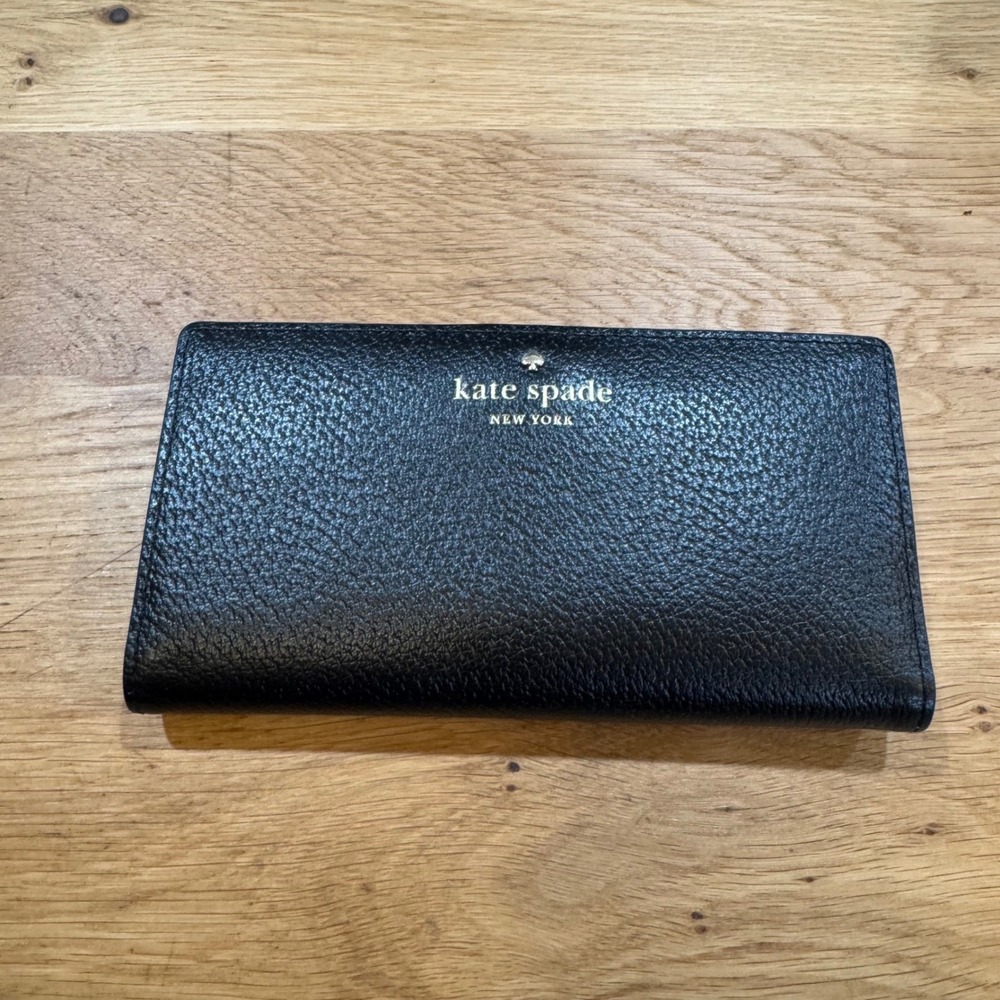 Kate Spade New York Black Pebbled Leather Bifold Slim Wallet Gold Logo Lined